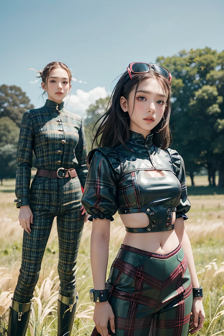 (Masterpiece, highest quality, highest resolution, distinct_image, very elaborate CG, cinematic lighting, ray tracing, drop shadows, detailed detail, (photorealistic: 1.4), high quality textures, fine-grained, realistic face expression): (lone girl, face is Japan, brown short hair, small size breasts, sparkling eyes, Eye level shot, happy smile, beauty, slim body, holiday, knee-length skirt, white shirt with collar, leather vest, cardian, handgun holder, carrying leather back on back, long boots, tie, fresh green season, sunny day with good climate, green park, lush trees, wide lawn, promenade in park, flower beds blooming, Swing ride, street, fountain, active angle)
