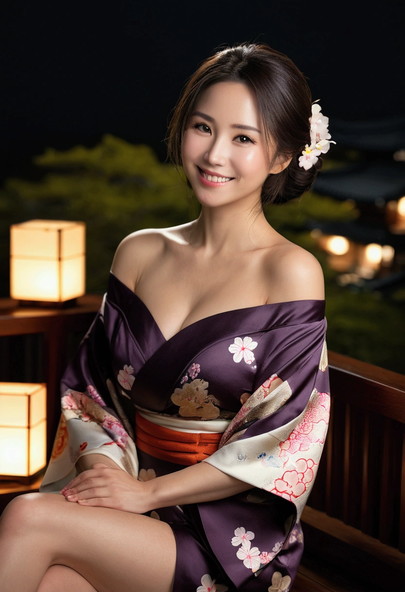 ((night, Real Light, Highest quality, 8k, masterpiece: 1.3)), 35-year-old woman, Beautiful woman, Slim figure: 1.4, (Dark brown hair), (Off the shoulder), (kimono)), ((Cleavage)), ((美しいkimono)), (night), Highly detailed face and skin texture, (Sitting),  (((smile))),(((Leaning forward))