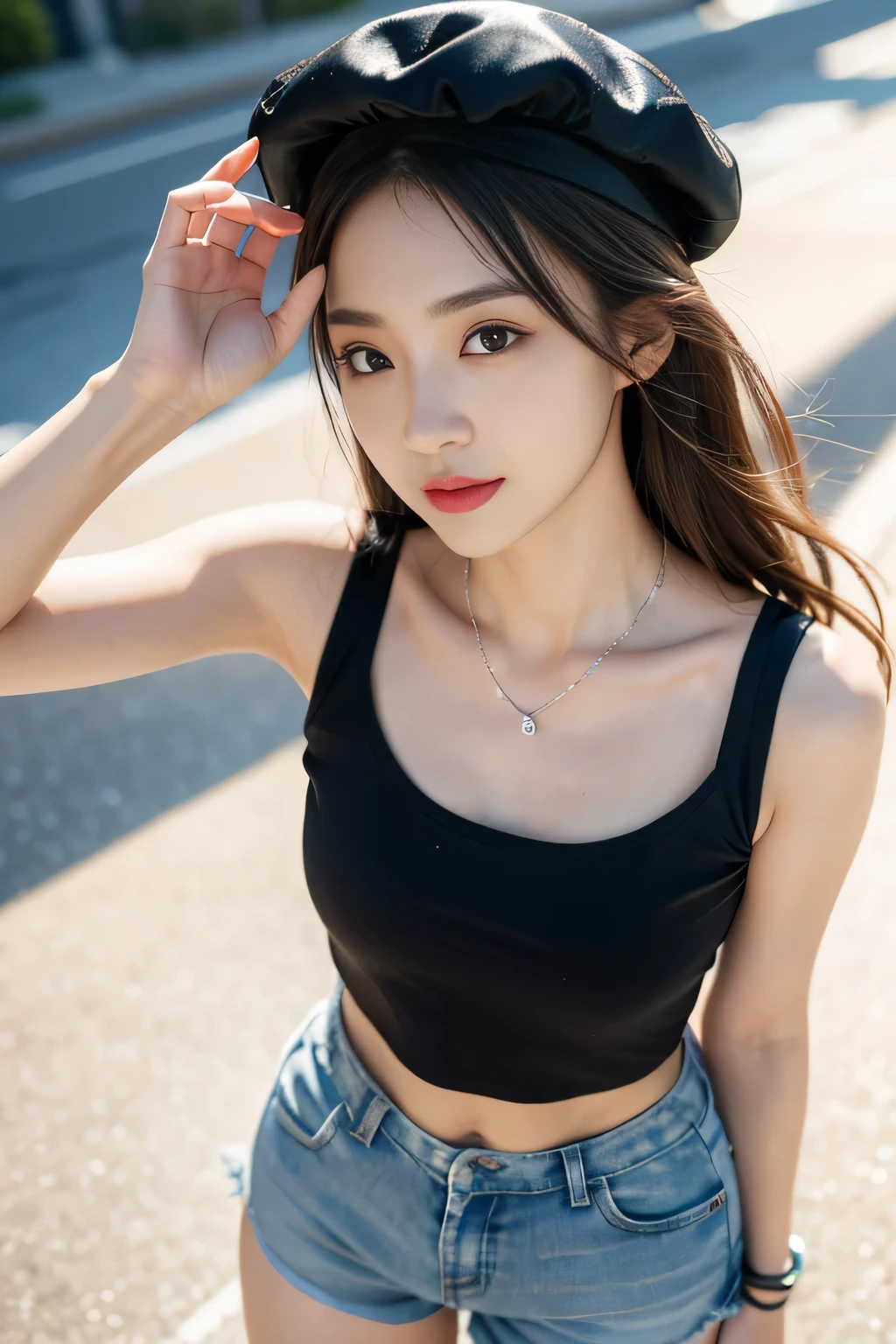 seed:381696201,((from above:1.2))、((Highest quality, 8k, masterpiece: 1.3)), concentrated: 1.2, Cute girl 1,Nipples erect、 Perfect beauty: 1.4,T-shirts、Shorts、Randall Color:1.1, Highly detailed face and skin textures, Fine grain, double eyelid, whitening skin, ,Highest quality,Ultra-high resolution,you,1 girl,alone,_Shiny_skin,Iris,necklace,((brown_length_Wavy_hair)),(lips)),eyelash,Front hair,deal with,compensate,Shiny,pore,skin texture,Large Breasts、smiling face、living、((Highest quality, 8k, masterpiece: 1.3)), (Flower Cap: 1.3), concentrated: 1.2, Perfect Body Beauty: 1.4, Hips: 1.2, (Layered Haircut: 1.2)), (Dark Street: 1.3), Highly detailed face and skin textures, whole body, Delicate eyes, double eyelid, White skin, Long Hair, (Round face: 1.5), (loose crop top, Shorts: 1.6)