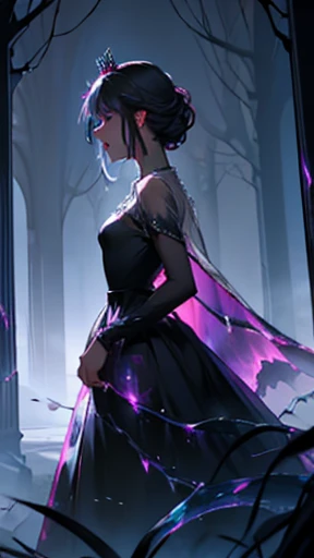 Princess is screaming, anxiety, black dress with rainbow crystals, colorful, haunting background, walking, glowing crown, dark ground, dry branches