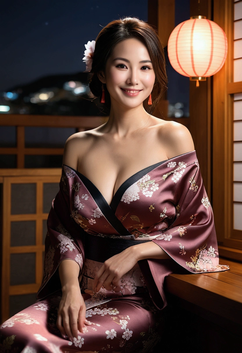 ((night, Real Light, Highest quality, 8k, masterpiece: 1.3)), 35-year-old woman, Beautiful woman, Slim figure: 1.4, (Dark brown hair), (Off the shoulder), (kimono)), (()), ((美しいkimono)), (night), Highly detailed face and skin texture, (Sitting), (((smile))),(((Leaning forward))