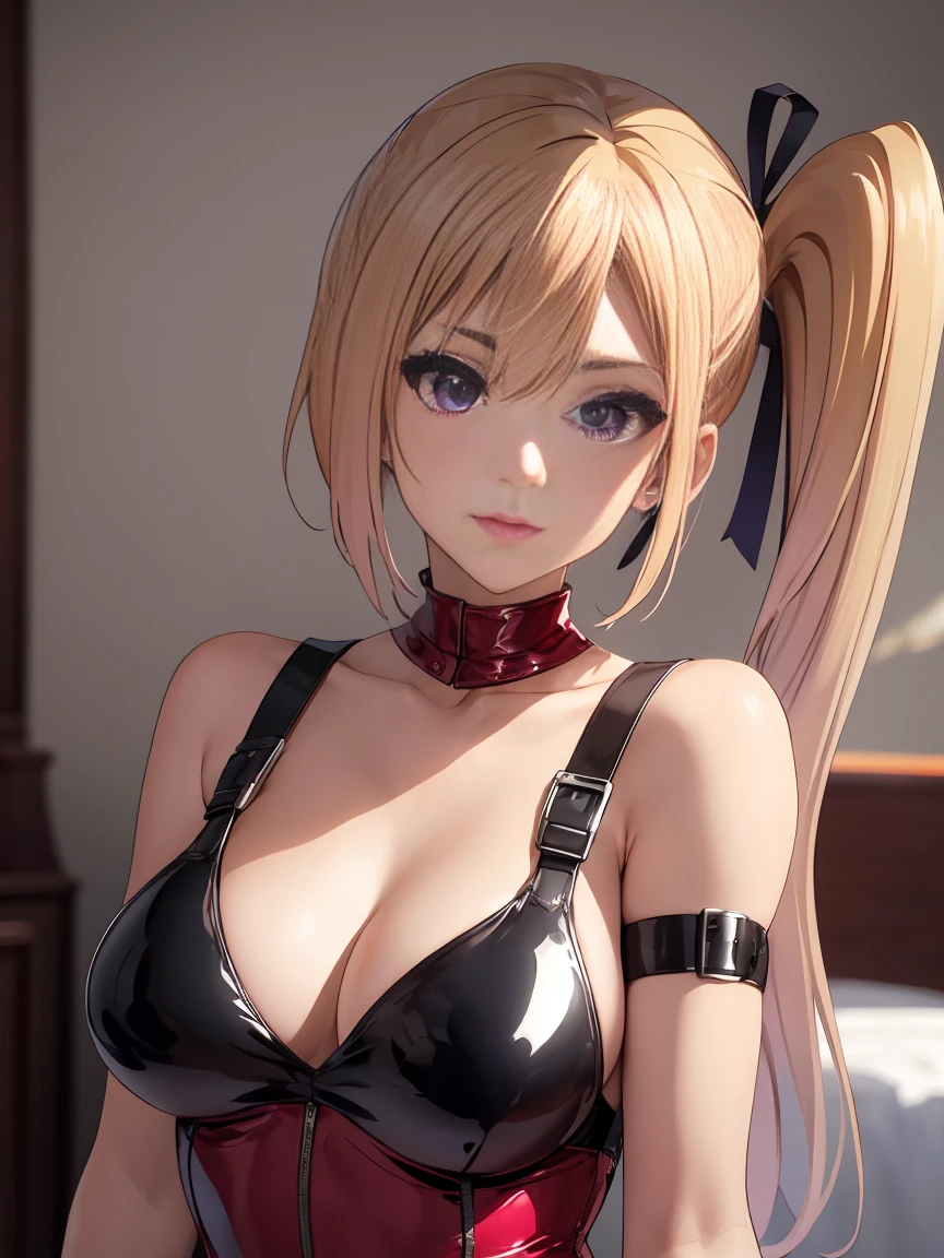 there is a woman in a latex outfit posing for a picture, seductive tifa lockhart portrait, glamorous tifa lockheart, elegant glamourous cosplay, anime girl cosplay, tifa lockhart, wonderful, tifa lockheart, tifa, e photo, portrait of tifa lockhart, cosplay photo, wearing atsuko kudo latex outfit, gorgeous maid, 1girl, kawakami_mai, blonde hair, long hair, side ponytail, purple eyes,