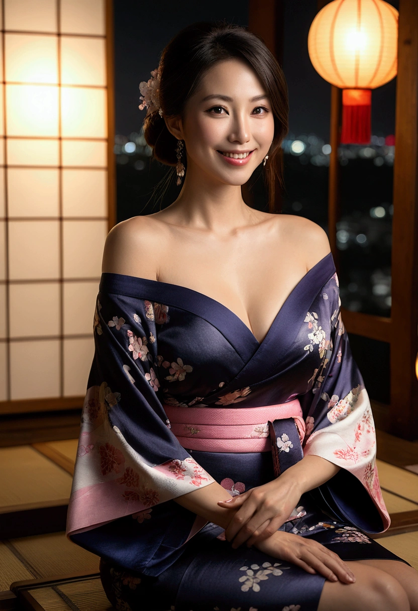 ((night, Real Light, Highest quality, 8k, masterpiece: 1.3)), 35-year-old woman, Beautiful woman, Slim figure: 1.4, (Dark brown hair), (Off the shoulder), (kimono)), ((Cleavage)), ((美しいkimono)), (night), Highly detailed face and skin texture, (Sitting), (((smile))),(((Leaning forward))