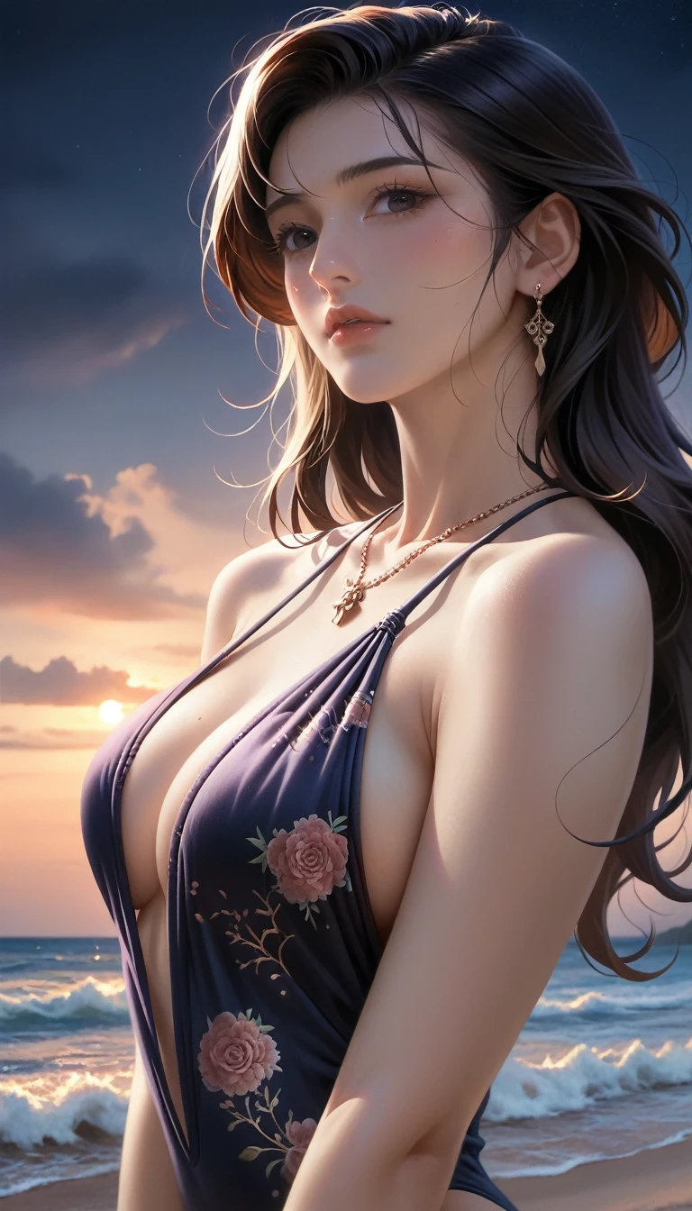 score_9, score_8_superior, score_7_superior,
Masterpieces with up to 16K resolution,Highest quality,it is really amazing,Very detailed,Ultra-high resolution,Real,Realistic,Increased depth of field,Cinematic lighting,
1 sexy japanese mature,
Long black hair,Ultra-detailed and beautiful faces,Translucent white skin,Very detailedな肌の質感,Slender body,Anatomically correct body,
(Elegant swimwear:1.2),
Artistic design,Beautiful and detailed pattern,Detailed fabric texture, Gorgeous necklace,Earrings,
(Coastal scenery at night:1.2),
Dark Clouds,Dark Sky,delay々Continuing sandy beach, Deserted Beach,Dark sea surface,
(Face close-up:1.2),