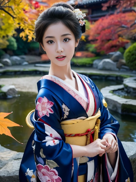 (Highest quality、 8k 、masterpiece、High resolution)、 Japanese painting、Vibrant colors、A woman wearing a kimono、Ample breasts、(Highly detailed face and eyes,Beautiful Face,Beautiful Eyes,Beautiful nose,Pretty lips)、Dynamic painting technique、Japanese garden、Autumn scenery、autumn leaves、Night Sky、moonlight、Detailed Description、