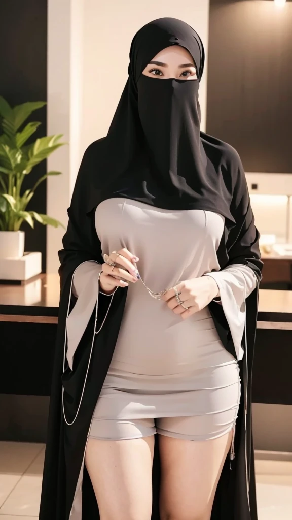 8K, high quality, nice lighting, soft lighting, realistic, dark eyes, sexy, big breasts, thighs, wide hips, arabic dress, black dress, Jewelry, sexy lady, asian, hijab, niqab, sexy pose, showing big thighs, nice body, natural largest breast, wearing rings for woman, office girl, sexy posing, hand sock, malaysia girl, sexy girl