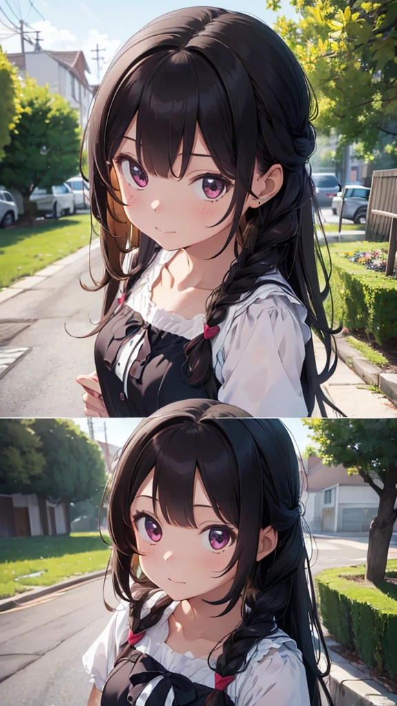 cute, anime, cute, super high quality, Very detailed, 8k, Clarity, Young twin sisters, Dark brown long hair, Dark brown braided hair, Petunia Garden, Let&#39;s hold hands and dance in the flower field, Close your eyes and smile, Close your eyes and smile, Good friend, Dance and jump, Blooming Plateau, Spreading Mountains, sunny, sunny, Small birds fly, Alpine plateau, Light blue maid outfit, Pink maid outfit, Big ribbon, Draw detailed facial expressions, Colorful petunia flowers, Close your eyes and smile, Petunia petals are fluttering, Detailed drawing of a petunia flower, aerial photograph, Light pours down, Symmetric, 