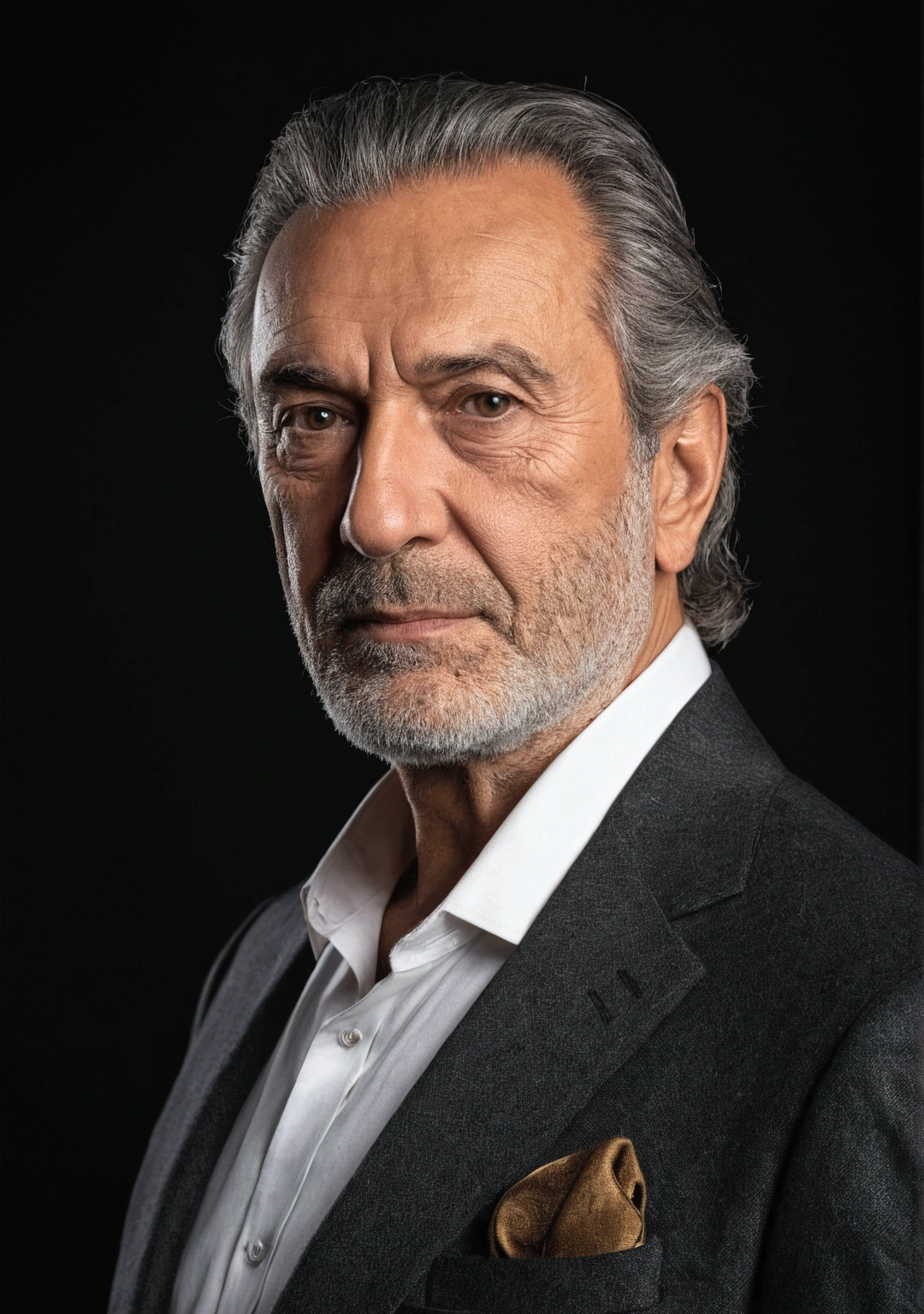 A mature and stable successful man in his 40ale people，Bust photo，with black background，realistic portrait photography，k hd, 4K,9:16