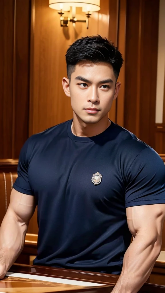 (Create a masterpiece:1.2),(CGI art:1.3),(realistic:1.5),(After processing:1.3),(Sharp focus:1.3),1 man ,(black hair) ,(Wear color navy round neck T-shirt), (with a Police badge:1.1),Navy blue jeans,Korean guy,korean men,(High gloss details),chest muscles,large arm muscles,blood vessel,Big muscles,Broad shoulders,looking at the audience,Balancing the eyes,(Lind has a dining table:1.3),