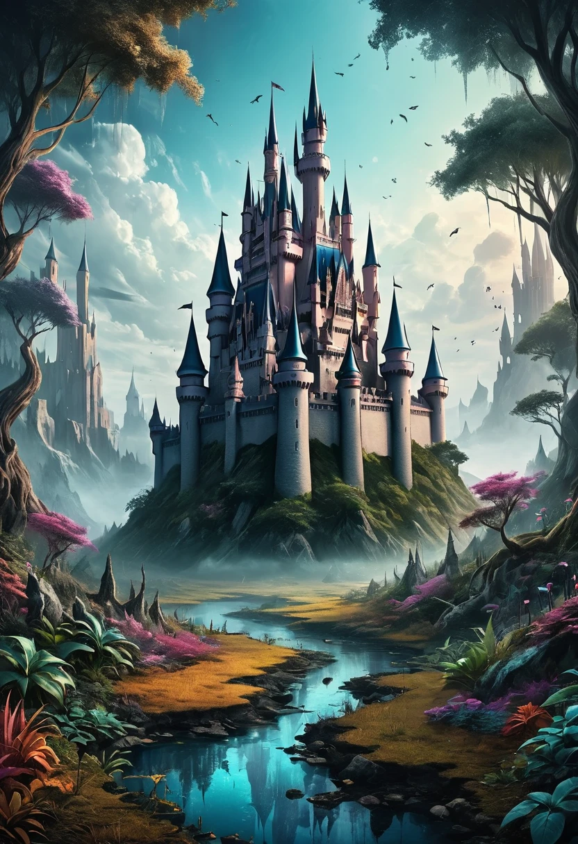(Take me into a world different from my own, Plants flourish, animal, And magical tranquility),(Create a dreamlike and surreal castle landscape, Blending colors in unique ways,Create striking landscapes),(Merge your art with Technetic Dreams),