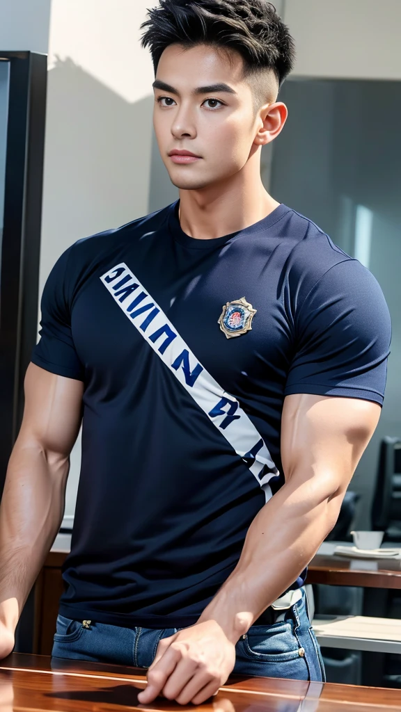 (Create a masterpiece:1.2),(CGI art:1.3),(realistic:1.5),(After processing:1.3),(Sharp focus:1.3),1 man ,(black hair) ,(Wear color navy round neck T-shirt), (with a Police badge:1.1),Navy blue jeans,Korean guy,korean men,(High gloss details),chest muscles,large arm muscles,blood vessel,Big muscles,Broad shoulders,looking at the audience,Balancing the eyes,(Lind has a dining table:1.3),