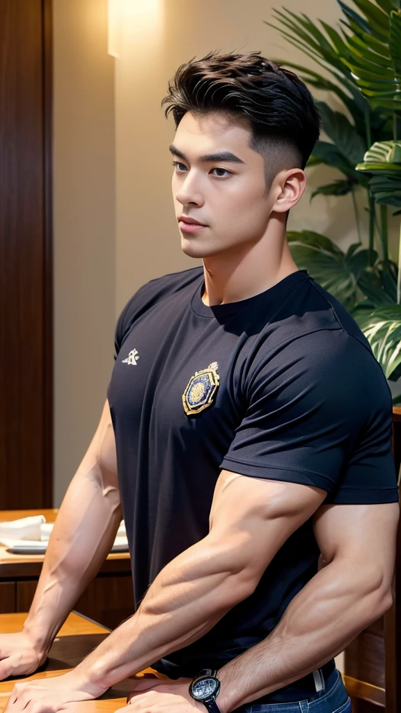 (Create a masterpiece:1.2),(CGI art:1.3),(realistic:1.5),(After processing:1.3),(Sharp focus:1.3),1 man ,(black hair) ,(Wear color navy round neck T-shirt), (with a Police badge:1.1),Navy blue jeans,Korean guy,korean men,(High gloss details),chest muscles,large arm muscles,blood vessel,Big muscles,Broad shoulders,looking at the audience,Balancing the eyes,(Lind has a dining table:1.3),