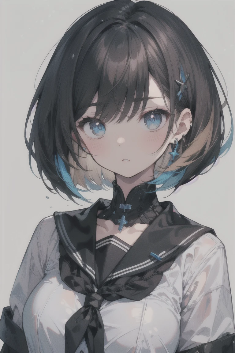 (best quality), (Super detailed), (Best Illustration), (masterpiece), score_9, score_8_up, score_7_up, (4k), (1woman), (white serafuku), (large breasts), {brown hair, (sideburns), (bob cut:1.3), curly hair, hairs between eyes, colored inner hair}, blue eyes, parted lips, expressionless, blush, earring,
