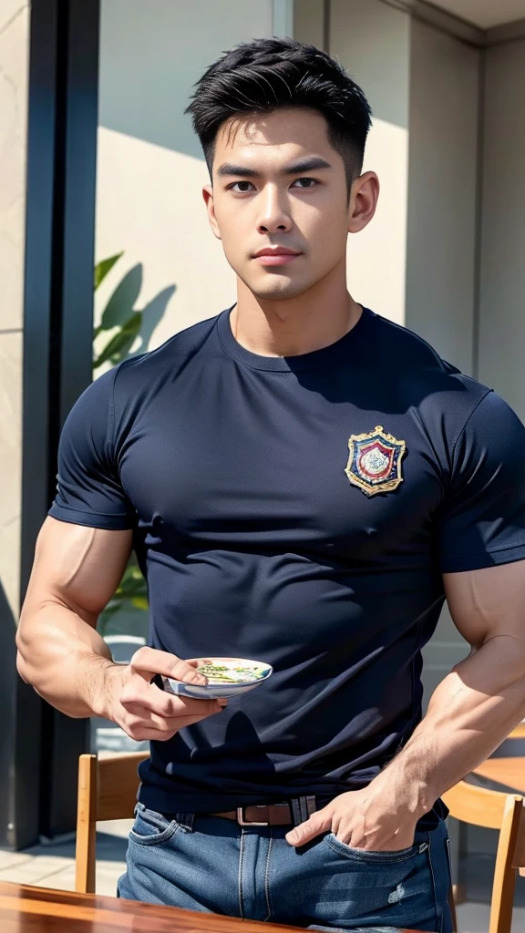(Create a masterpiece:1.2),(CGI art:1.3),(realistic:1.5),(After processing:1.3),(Sharp focus:1.3),1 man ,(black hair) ,(Wear color navy round neck T-shirt), (with a Police badge:1.1),Navy blue jeans,Korean guy,korean men,(High gloss details),chest muscles,large arm muscles,blood vessel,Big muscles,Broad shoulders,looking at the audience,Balancing the eyes,(Lind has a dining table:1.3),