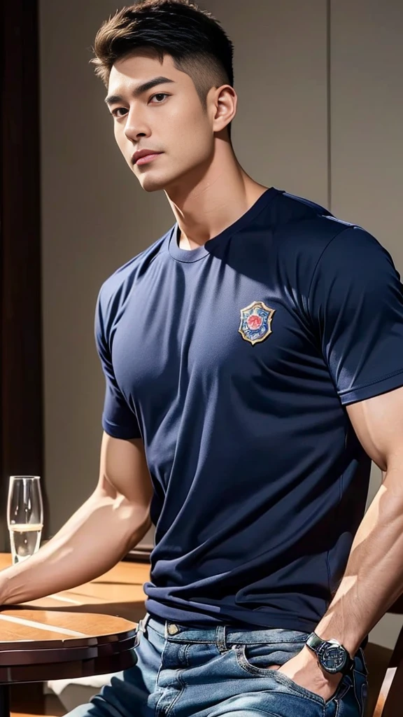 (Create a masterpiece:1.2),(CGI art:1.3),(realistic:1.5),(After processing:1.3),(Sharp focus:1.3),1 man ,(black hair) ,(Wear color navy round neck T-shirt), (with a Police badge:1.1),Navy blue jeans,Korean guy,korean men,(High gloss details),chest muscles,large arm muscles,blood vessel,Big muscles,Broad shoulders,looking at the audience,Balancing the eyes,(Lind has a dining table:1.3),