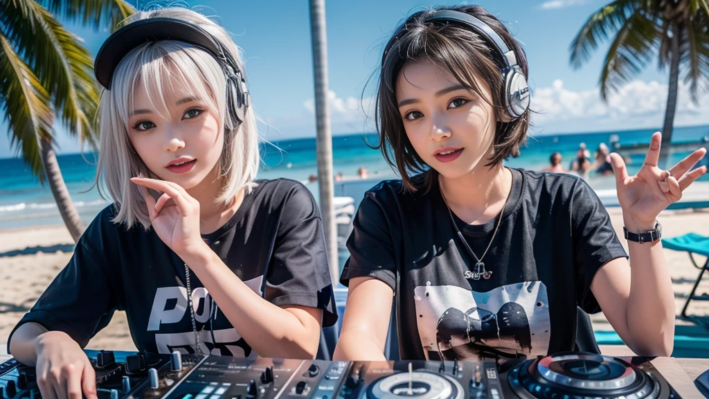 (ultra - detailed, 16K resolution, Cinema lenses, rendering by octane), (high resolution:1.18), intricate detail, (masterpiece:1.1), (highest quality:1.1), (1girl, portrait, white hair, blue eyes, short hair, detailed eyes),Wearing silver DJ headphones, sequined T-shirt, (in the beach:1.5), (Iconic hip-hop pop costumes:1.3), Smile while DJing on stage, DJ studio next to the beach, ((A stylish DJ stage on a hill overlooking the beach)), full body shot, Photorealistic photography by Sunshine, (cute round face:1.3), perfect fingers, five fingers, beautiful hands, perfect hands. master peace, cute smile, Fixhand.