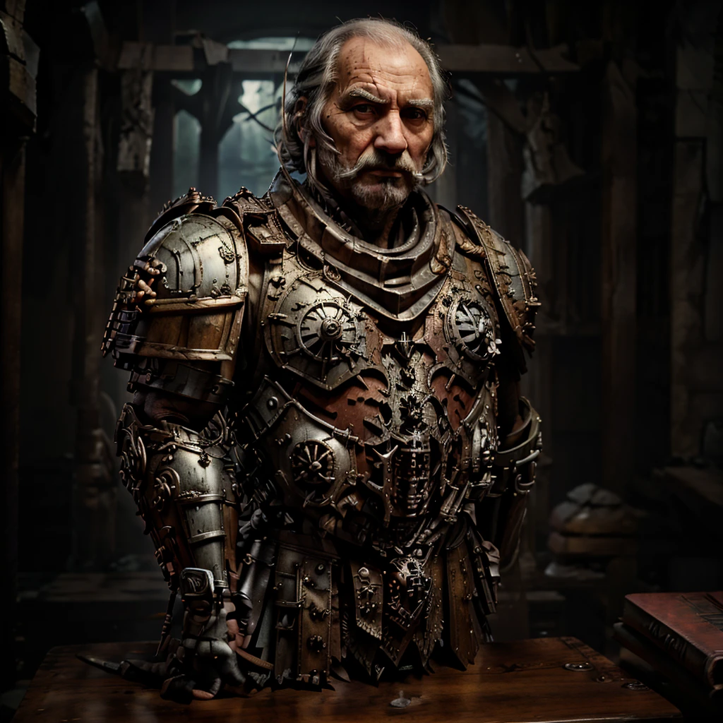 kyril sindermann, warhammer, full height, old man, old style, medieal, wearing a cowl, strict face, thin face, holding a book, 
looking away