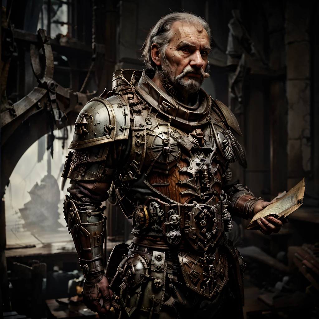 kyril sindermann, warhammer, full height, old man, old style, medieal, wearing a cowl, strict face, thin face, holding a book, 
looking away