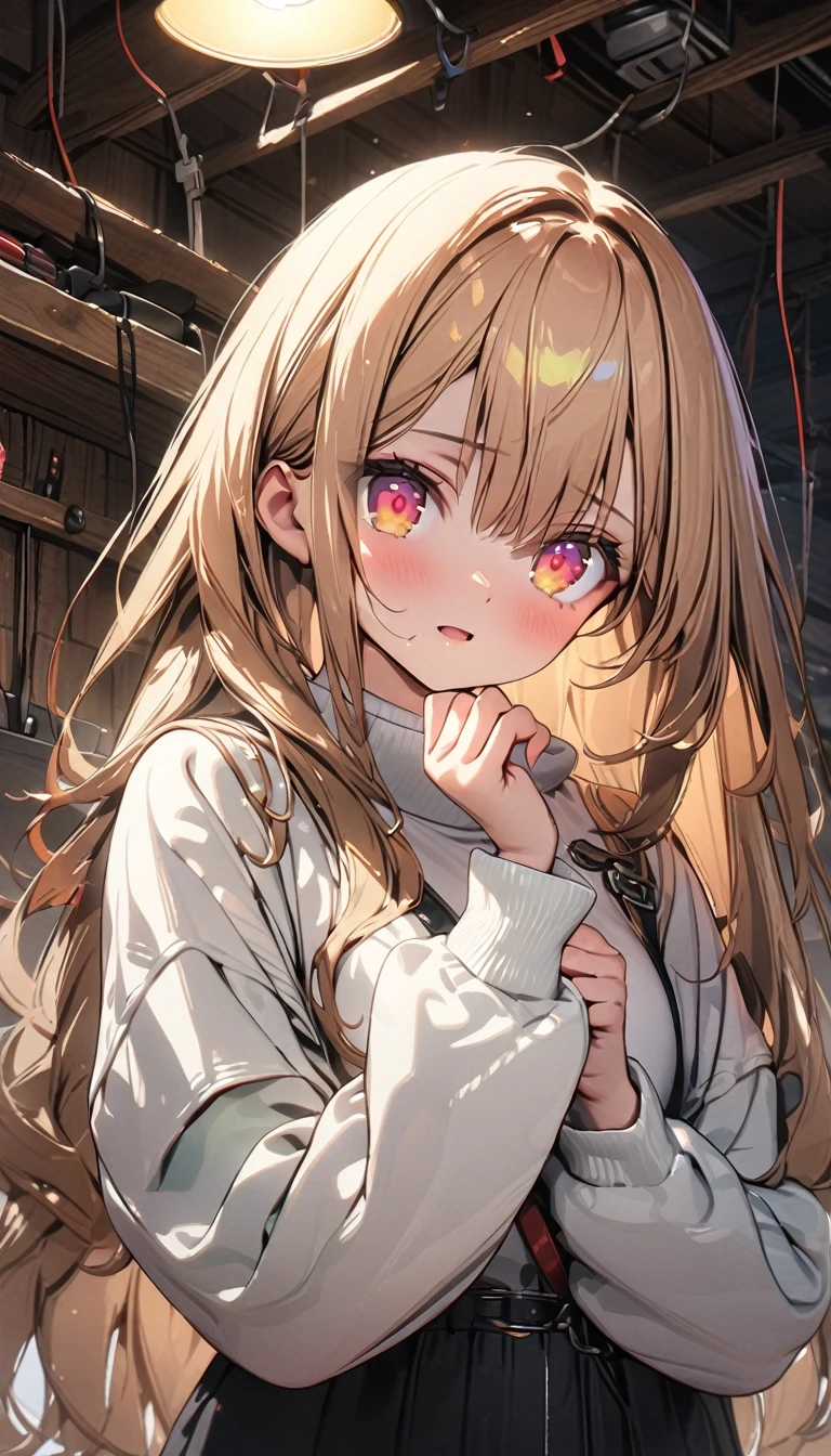 (Best quality, 8k, 32k, Masterpiece, UHD,:1.2),RAW, 1girl,ultra cute , natural lighting,transparent shining eyes, 20yo ,fair complexion, solo, female, sfw, medium shot, long straight hair, light brown hair, hazel eyes, teary eyes, white sweater, black skirt, workshop, robot innards, torn clothes, cables