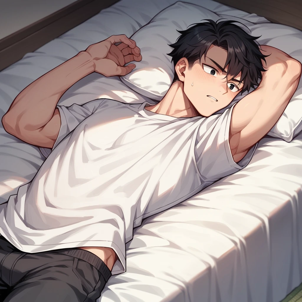 Strong Japanese boy , Black short hair, black eyes, Resolute expression, With white short-sleeved trousers, Lying on the white bed