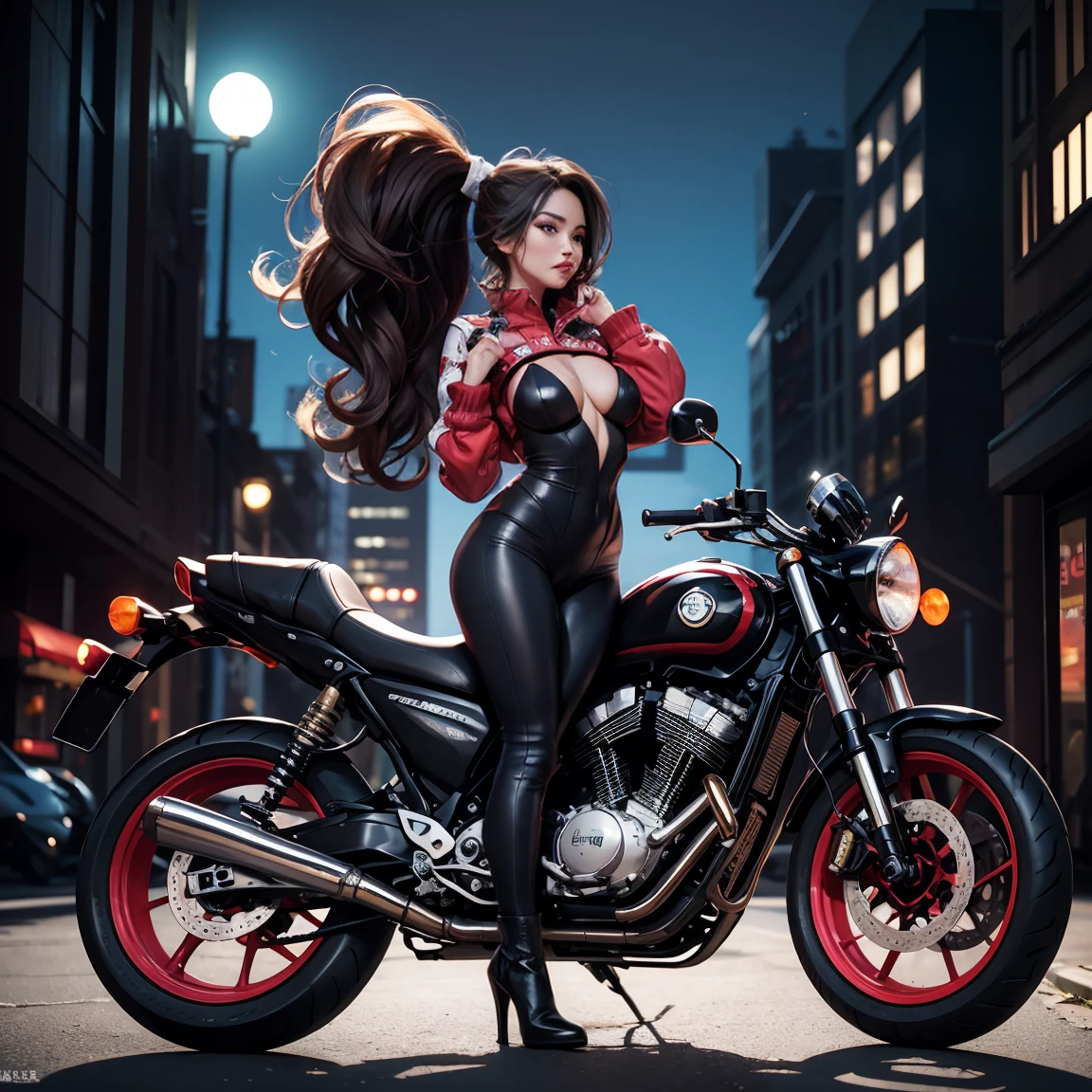 Beautiful and sexy woman in black leather full body suit, a woman riding a large motorcycle, long brown curly hair, hair blowing in the wind, red lipstick, Fujiko Mine from the anime Lupin III, Fujiko Mine, slender figure and beautiful bell-shaped breasts, high heeled black boots, Gotham City at night,