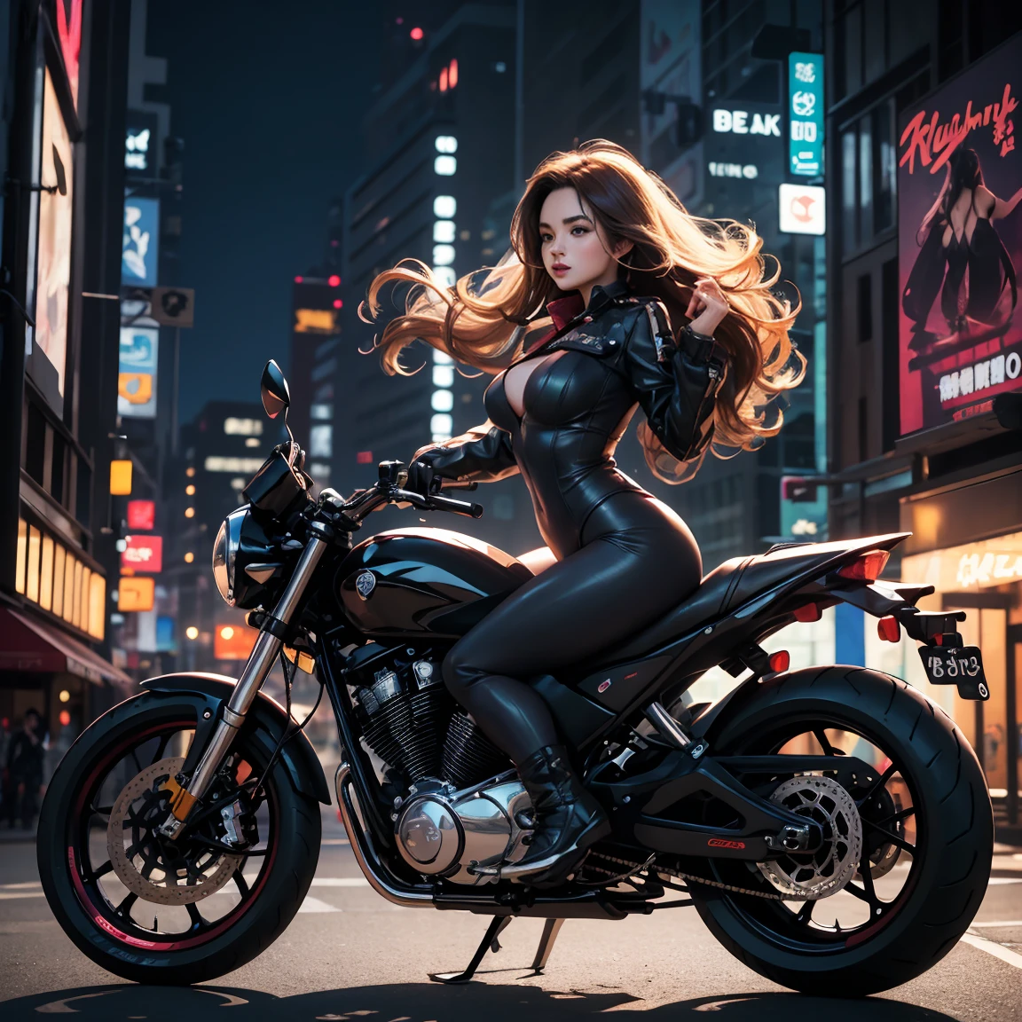 Beautiful and sexy woman in black leather full body suit, a woman riding a large motorcycle, long brown curly hair, hair blowing in the wind, red lipstick, Fujiko Mine from the anime Lupin III, Fujiko Mine, slender figure and beautiful bell-shaped breasts, high heeled black boots, Gotham City at night,