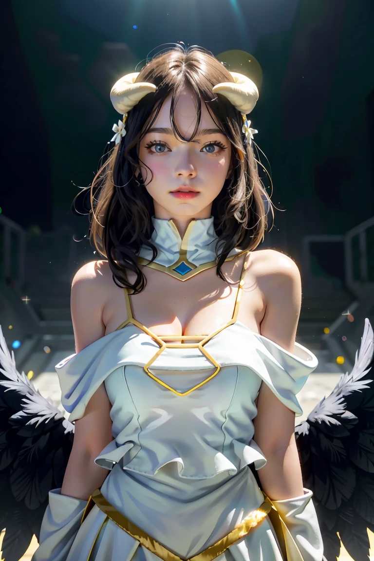 Masterpiece, Best quality, Ultra-detailed, illustration, epic lighting, Cinematic composition, isometry,(hexagons:1.2), 1girll, Horns, Solo, Yellow eyes, Black hair, Long hair, (Low wing:1.2), Large cleavage, Bare shoulders, hair between eye, Medium breasts, (White dress:1.1), Golden decoration, Detached collar, view the viewer, Semi-closed Eyes, (view the viewer:1.1), parted lip, Blush, Black feathers fall, Arena, particle fx, (8K:1.1)