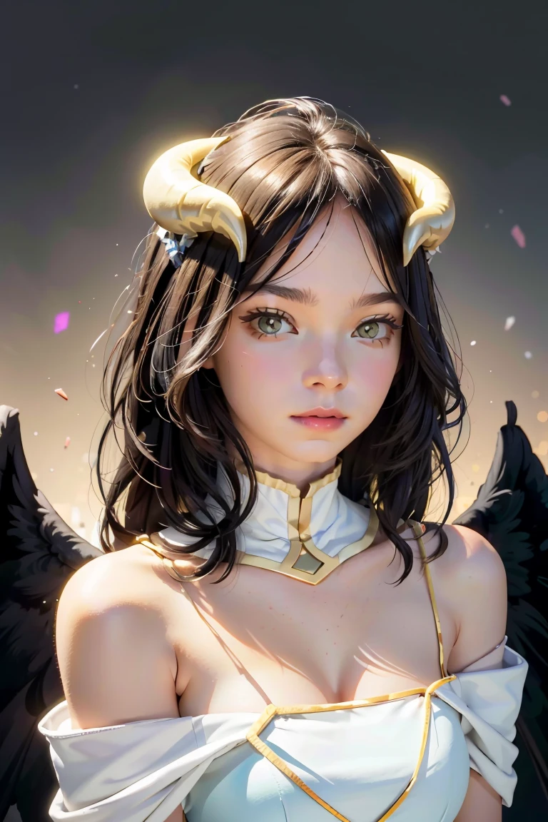 Masterpiece, Best quality, Ultra-detailed, illustration, epic lighting, Cinematic composition, isometry,(hexagons:1.2), 1girll, Horns, Solo, Yellow eyes, Black hair, Long hair, (Low wing:1.2), Large cleavage, Bare shoulders, hair between eye, Medium breasts, (White dress:1.1), Golden decoration, Detached collar, view the viewer, Semi-closed Eyes, (view the viewer:1.1), parted lip, Blush, Black feathers fall, Arena, particle fx, (8K:1.1)