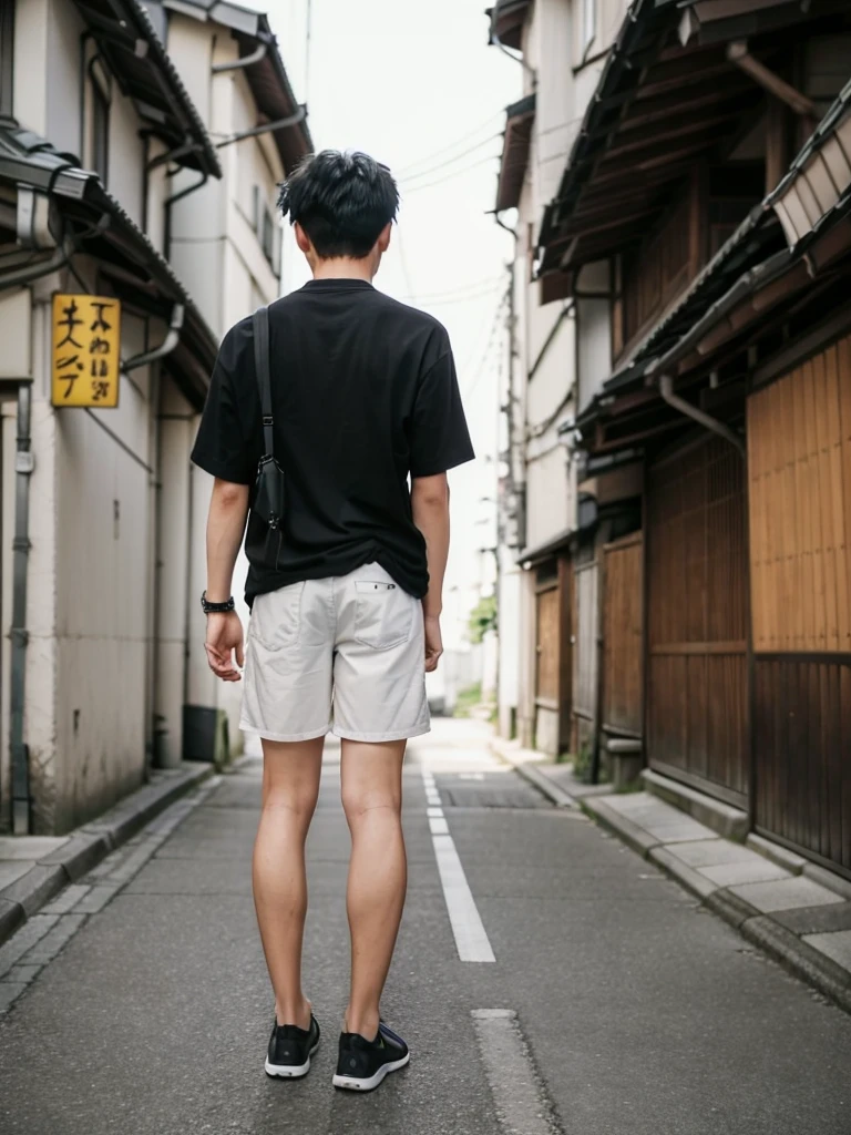 (super sharp focus), (Hairy legs), (((full body))), Japanese man, twenty years old, very short hair, Black Hair, Wearing shorts, from behind