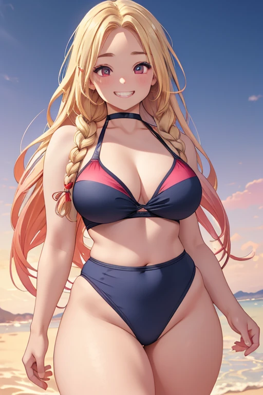 Realistic、masterpiece, 1girl, blonde braided hair、red eyes, (eye focus:1.3,face focus),(Gradient eyes:1.3),open mouth, (grin:1.3),forehead,cute face、((Thick thighs、Beautiful thighs)), A condescending gaze on the viewer, wearing swim wear