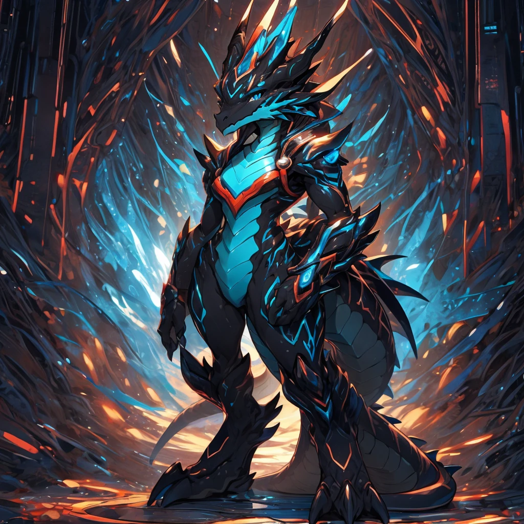anthropomorphic dragon,alien,Blue eyes,black skin, legs:Digitation,alien body shape, 1 girl, full length, furry