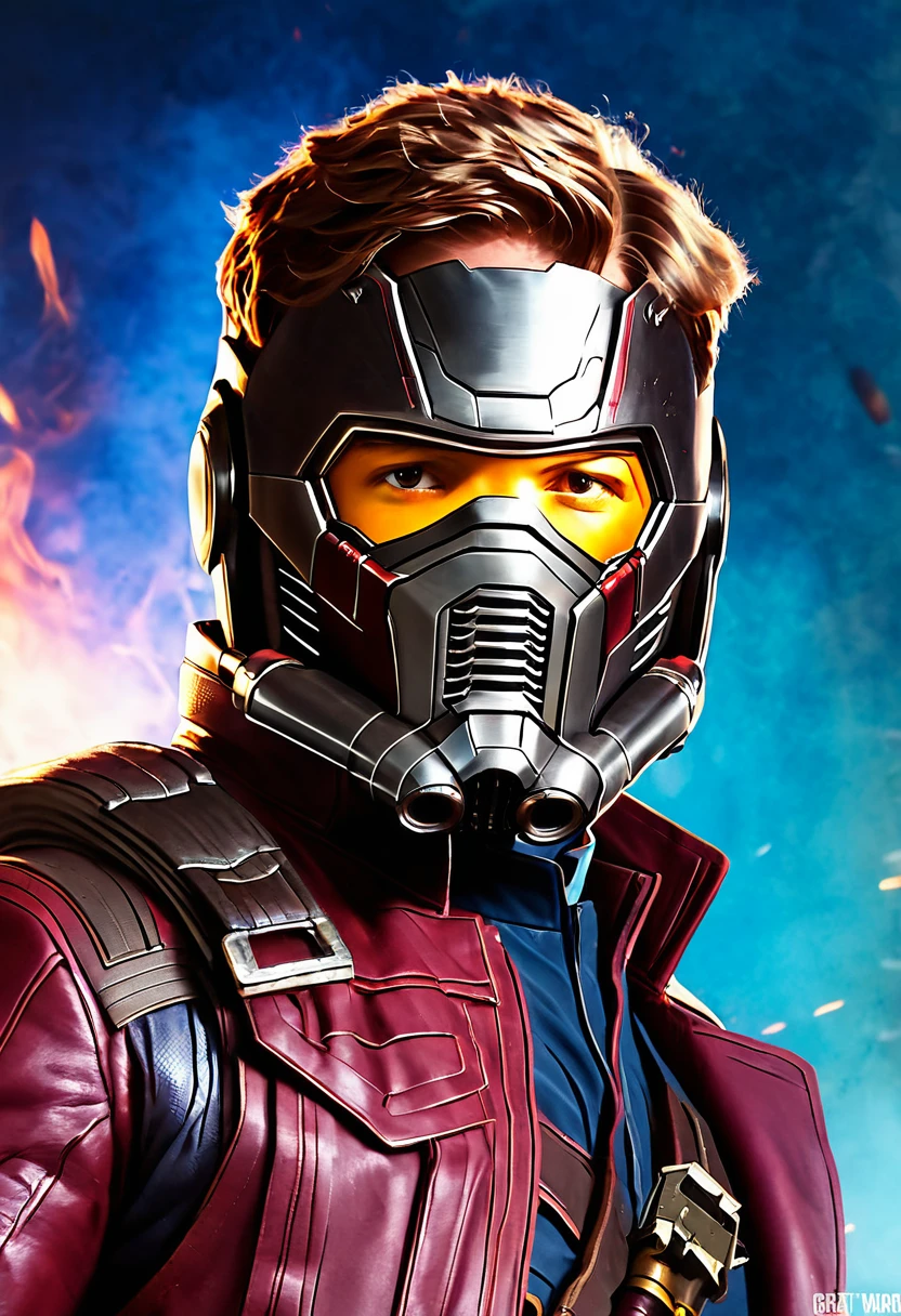 Marvel - Star Lord, close-up photo, background of brilliant smoke and fire, Great war to save the world