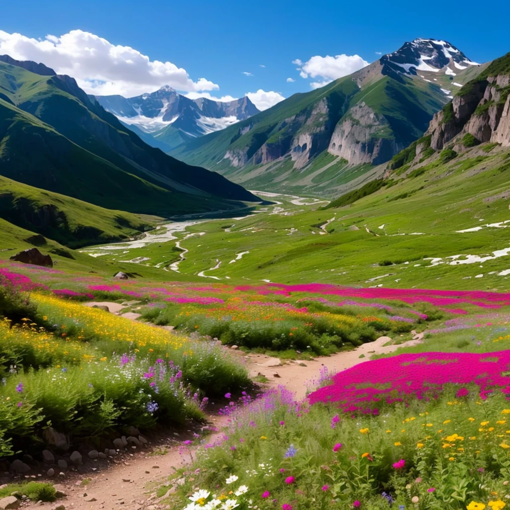 a view of a mountain valley with a trail and flowers, vast lush valley flowers, lovely valley, majestic nature scenery, stunning nature in background, breathtaking landscape, very beautiful scenery, very very beautiful scenery, in a mountain valley, very very very beautiful scenery, lush valley, scenic colorful environment, beautiful nature, natural landscape beauty, really beautiful nature, extraordinary colorful landscape