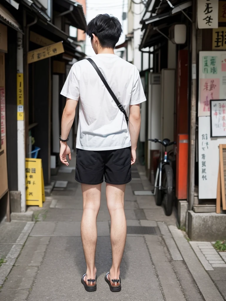 (super sharp focus), (Hairy legs), (((full body))), Japanese man, twenty years old, very short hair, Black Hair, Wearing shorts, from behind