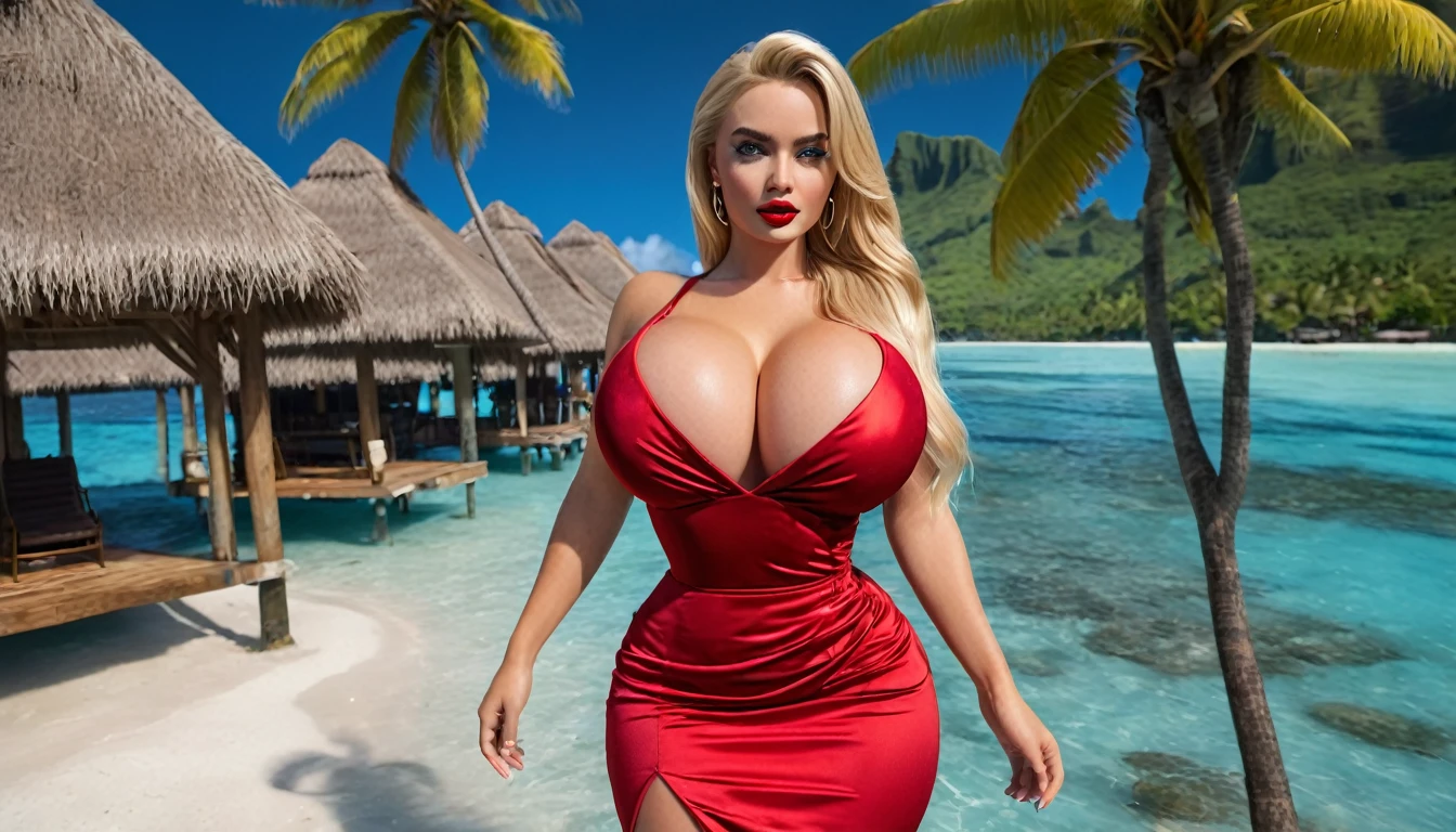 (muste piece, highest quality)((8k)),full body,super detailed, 18 years old ,bronze skin,wide eyebrow ,body, adire bombshell, sexy secret agent, red dress,skirtlarge breasts, big , fit body, stilettos, dirty, long waist - long blonde, blue eyes, sexy lips, skin, standing on a crowded, night, in bora bora island, direct eye contact, hyperrealistic, unreal engine 5,Suggested pose, 8K