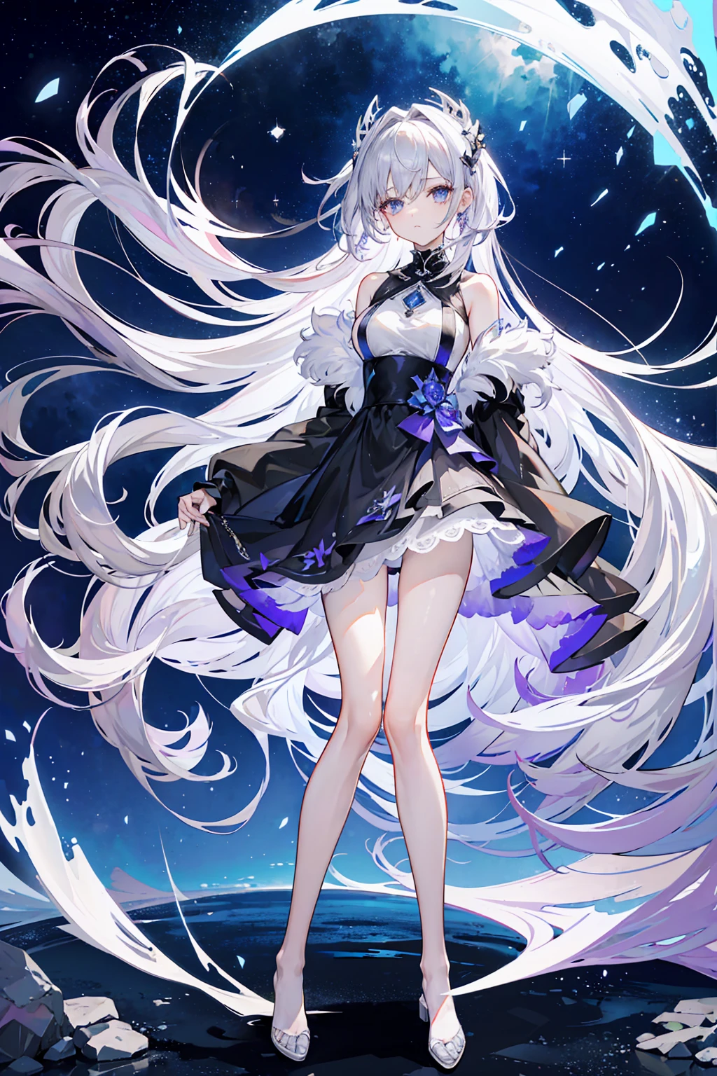 Lilac gradient hair,Asymmetrical hair,((Hair is very thick 1.8,Hair is well-defined1.6)), Hair over the shoulder, messy hair, Very long hair, shinny hair,(Long gray hair:1.2),A beautyful girl,(Luxury Platinum Mini Ultra Short Platinum Lolita,Made of transparent material),(Transparent clothes transparent 1.8),perfect body figure,big thin legs,slenderness,(looking sad,Haggard complexion ,grieves,close your mouth:1.2) Against the backdrop of an unusually bright dark starry sky,(Place your hands behind your back),(Round,tuba, firm breast),Barefoot,afloat,waterface,(long leges,long leges,long leges,Perfect leg shape),Full body photo。