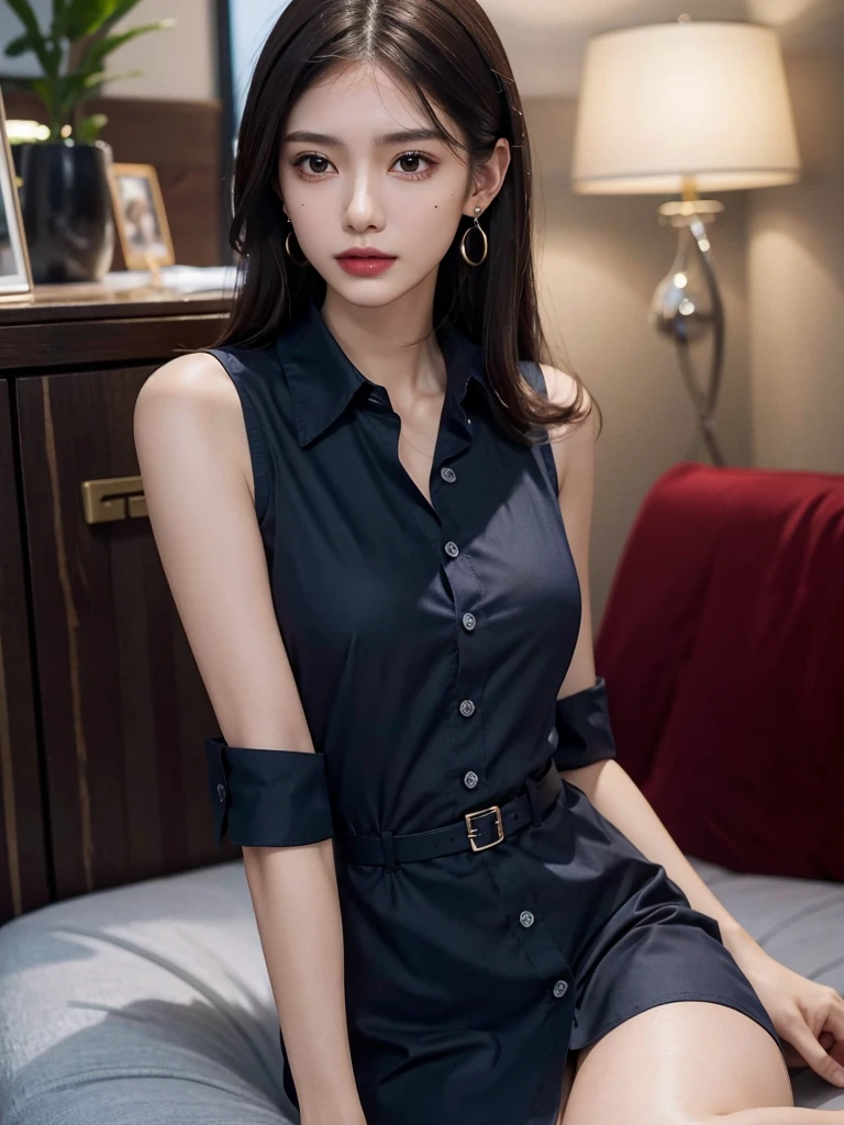 absurdres, RAW photo, extremely delicate and beautiful, masterpiece, Best Quality, ultra high resolution, 32k, hyperrealistic, ultra-detailed, perfect anatomy, anatomically correct, perfect figure, Perfect Style, Perfect balance, super Detailed skin, in her 30s, very Slim body, narrow waist, very small head, very small face, delicate facial features, tearful mole, earring, very huge round tits, (full body shot:1.2), (whole legs:1.2), medium hair, dark blonde hair, asymmetrical hair, indoor, (collared navy button shirt dress:1.2), (sleeveless:1.2),