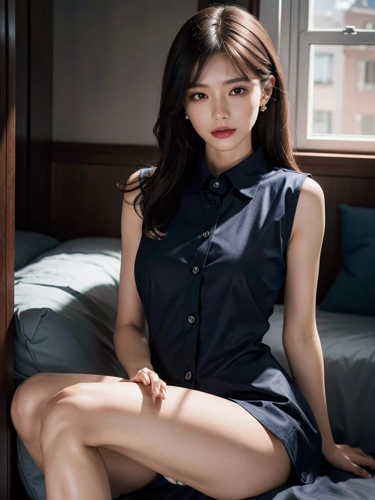 absurdres, RAW photo, extremely delicate and beautiful, masterpiece, Best Quality, ultra high resolution, 32k, hyperrealistic, ultra-detailed, perfect anatomy, anatomically correct, perfect figure, Perfect Style, Perfect balance, super Detailed skin, in her 30s, very Slim body, narrow waist, very small head, very small face, delicate facial features, tearful mole, earring, very huge round tits, (full body shot:1.2), (whole legs:1.2), medium hair, dark blonde hair, asymmetrical hair, indoor, (collared navy button shirt dress:1.2), (sleeveless:1.2),