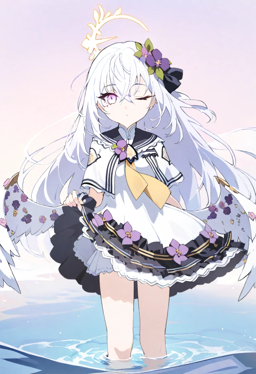   azusa \(blue archive\),  1girl ;o ^^^ dress flower hair_flower hair_ornament halo lifting_own_clothes long_hair one_eye_closed pink_eyes purple_flower simple_background sleeveless sleeveless_dress solo standing wading water white_background white_dress white_hair white_wings wings yellow_halo