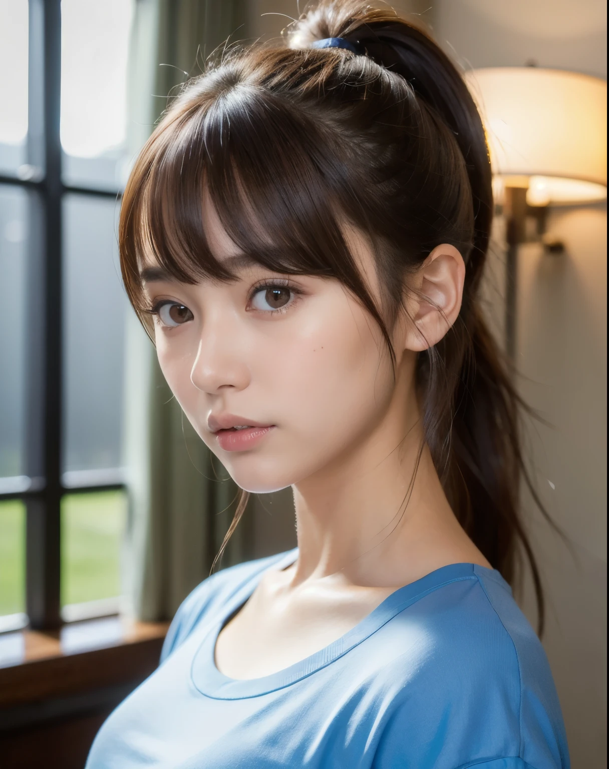 best quality, face focus, soft light, ultra high res (photorealistic:1.4), RAW photo,
1japanese girl, solo, cute, (pupil, lights in the eyes),  detailed beautiful face, (medium chest),(high-resolution detail of human skin texture),
(ponytail hair), (sidelock bangs)
indoor,
Blue T-shirt,
(Portrait)