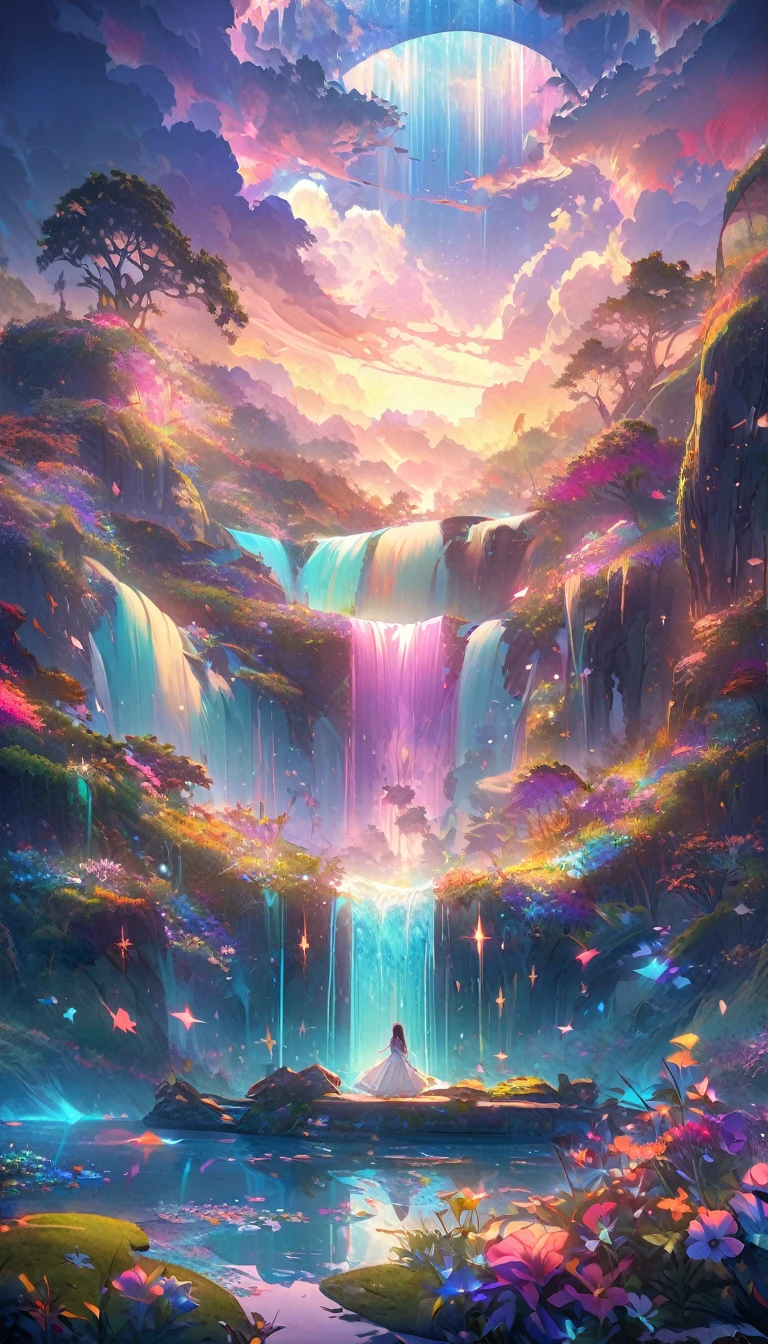 baptism,Baptism,Garden of Eden,Colorful,Dreamy landscape, cloud, light piercing through the cloud, Reflection on the surface of the water, Gentle waterfall,flower々,Quiet atmosphere, Richness in details, Surreal beauty, Magical Aura, Fantasy Landscape, High quality digital art, Vibrant colors, Fantastic lighting, Enchanting atmosphere, Artistic Expression, Otherworldly feeling, Beautiful brushwork, Magnificent View, Peaceful tranquility, Immersive Experience, Breathtaking views, Picturesque views, Mysterious charm, Mysterious atmosphere, Nuances, A magical dream.There are no people