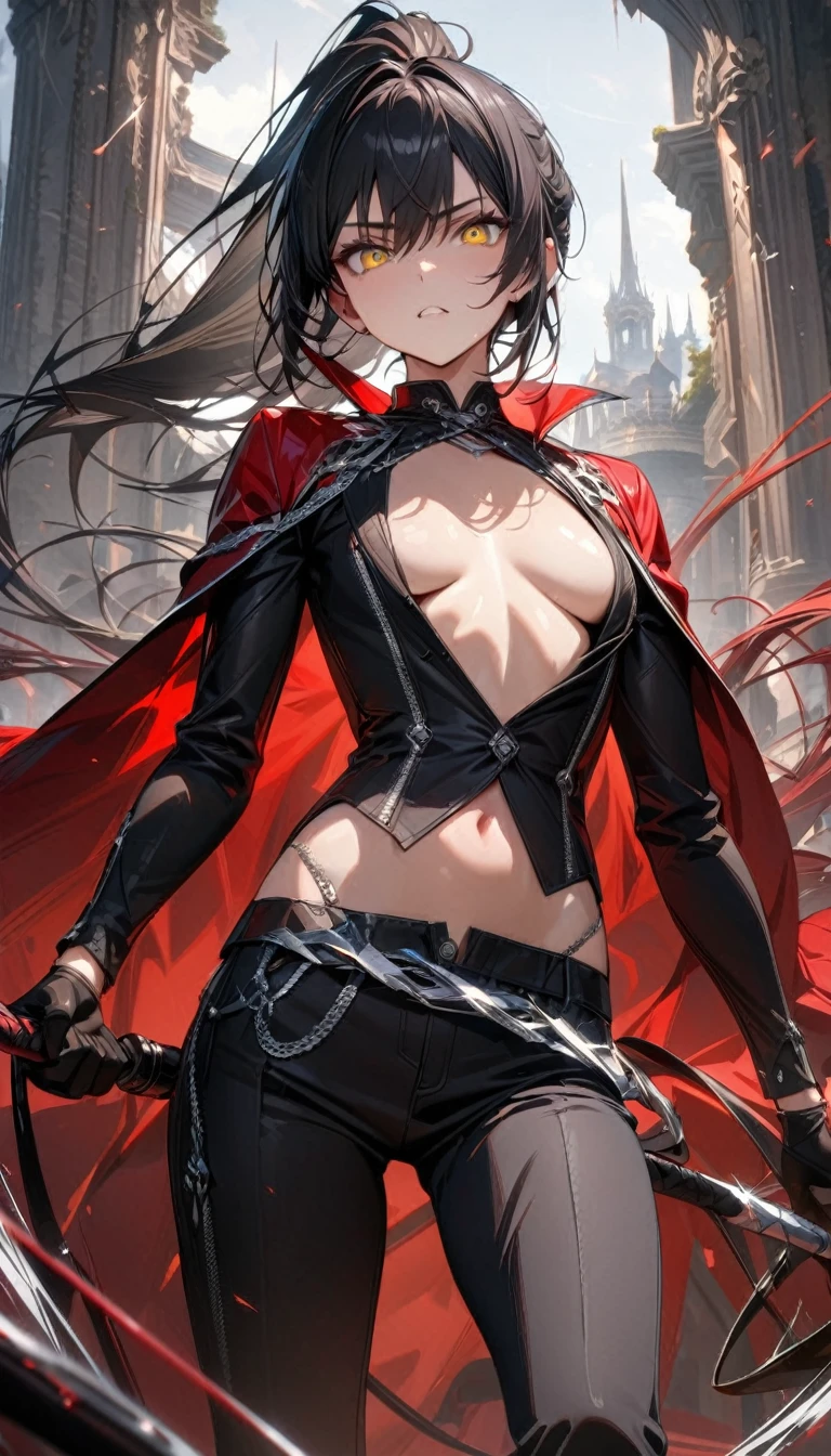 Young guy, long black hair, high ponytail, yellow eyes, red cape, black pants, silver elements, open chest, open belly, whip, Masterpiece, best quality, Full HD, 8k, ultra details, great graphic