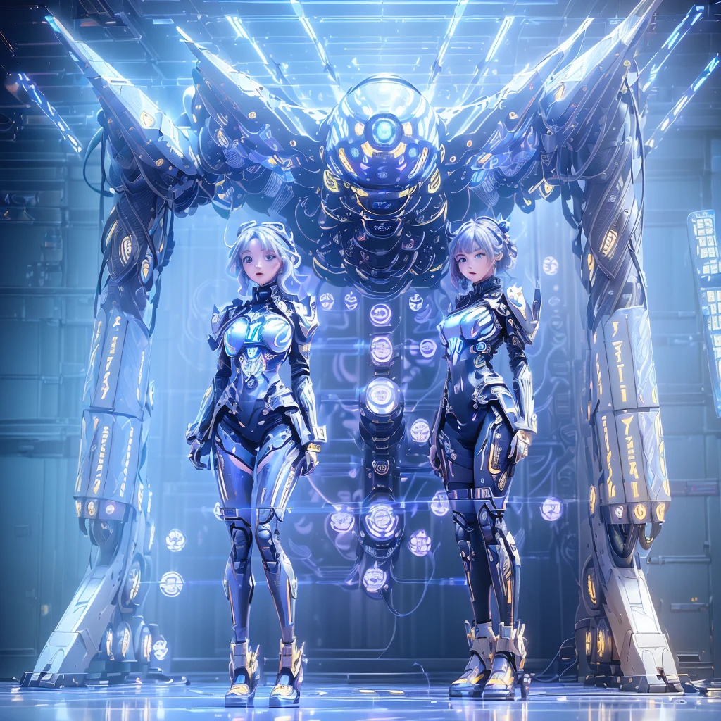 (highly detailed, intricate line work), mecha design, (Liberty Guardian-X1), (9 meters tall:1.3), (28 tons weight:1.3), (Hybrid propulsion system - electric and plasma-based:1.4), (High-strength titanium alloys and nanocomposite armor:1.4), (Dual plasma cannons:1.3), (Shoulder-mounted missile launchers:1.3), (Retractable energy katana:1.3), (Adaptive energy shields:1.3), (Advanced sensor arrays:1.3), (Liberty AI System V2.5:1.3), (Ergonomic pilot seat:1.3), (Holographic HUDs and neural interfaces:1.3), (Hydraulic reinforcement systems:1.3), (Multiple maneuvering thrusters:1.3), (High ground mobility with adaptive foot structures and retractable wheels:1.3), advanced weaponry schematics, high resolution, ultra quality, clean layout, futuristic technology, cinematic lighting, no pilot, no human