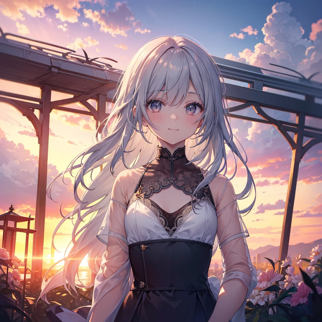 (Sunset Scene, Soft lighting, High saturation):1.4, Vivid lighting, Enchanting elegance, Atmospheric Depth, Great technology, Naturalistic representation, Harmonious composition, Creative refinement, Striking contrast, (One beautiful girl), smile, Expose, Gray bob hair ,Volumetric Fog, Outdoor, Backlight, Small breasts, Show your chest
