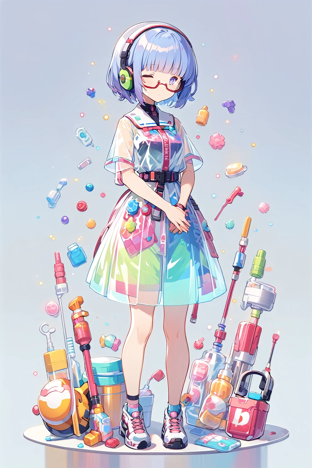 (extremely detailed fine touch:1.3), (((semi-rimless eyewear:1.3))), (headphone:1.2), short hair, blunt bangs, 1 girl, shirt, full body, own hands together, plastic, Transparent clothes,