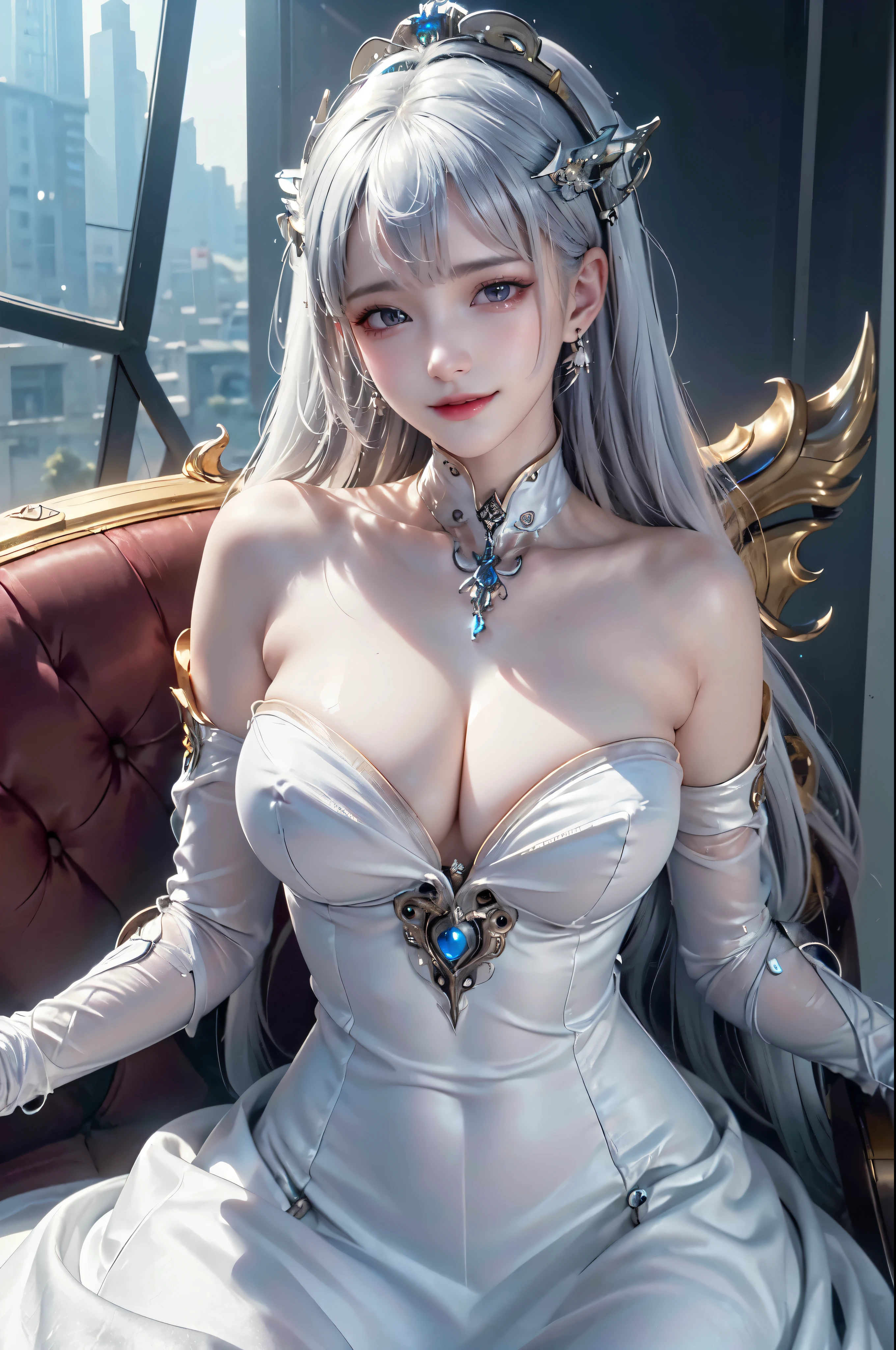 NSFW,((top quality、8k、masterpiece:1.3))Wears a silver-white mech,girl with delicate face,Highest image quality,Ultra-clear,Delicate and clear facial features,end of the world,Mechanical arm,Exquisitely detailed mechanical pattern,cyberpunk characters、numbercity、number、century、throne、