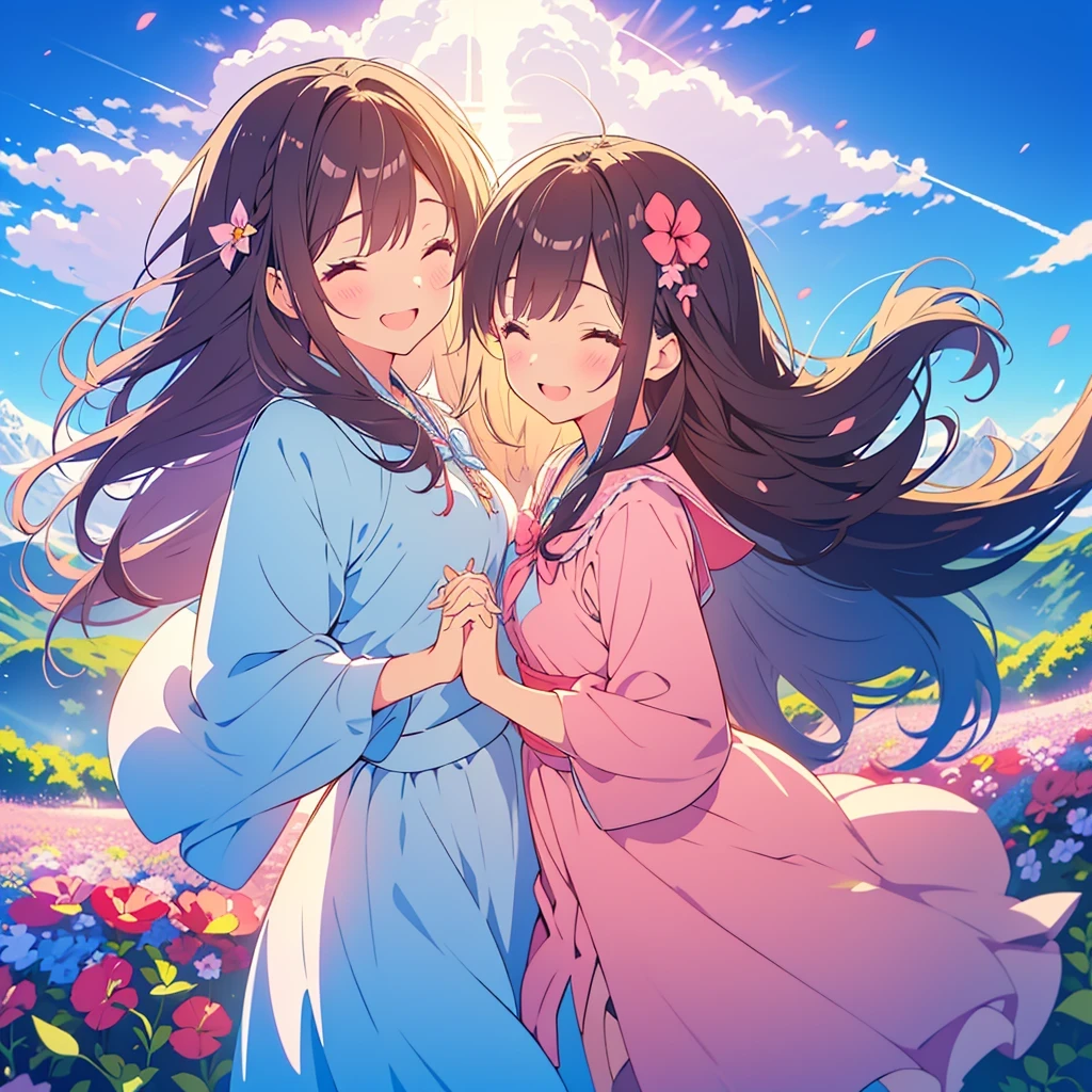 kawaii, anime, Cute, hyper quality, highly detailed, 8k, Clarity, young twin sisters, dark brown long hair, dark brown braided hair, petunia flower garden, Hold hands and dance around in the flower field, Close your eyes and smile, close your eyes and laugh, A good friend, dance and jump, Flower blooming plateau, spreading mountain range, clear sky, clear sky, little bird flies, plateau of the alps, light blue maid outfit, pink maid outfit, big ribbon, Draw facial expressions in detail, colorful petunia flowers, Close your eyes and smile, Petunia petals are dancing, Detailed drawing of petunia flowers, aerial view, light pours down, Symmetrical,