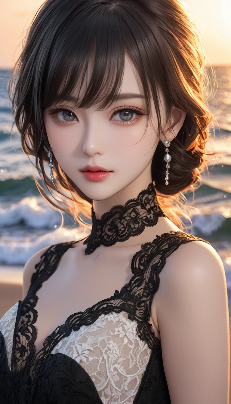 digital portrait、realistic depiction of the human body、RAW photo、one girl、gentle gray eyes、plump lips、An ennui look、huge bouncing busts、shortcut、(((Elegant black lace-like line dress、Dense and artistic lace black line dress、beautiful dress、super luxury dress)))、highest quality、super resolution、master piece:1.5、medium depth of field、50mmlens、cinematic lighting、Backlight、professional photographer、sea side, evening