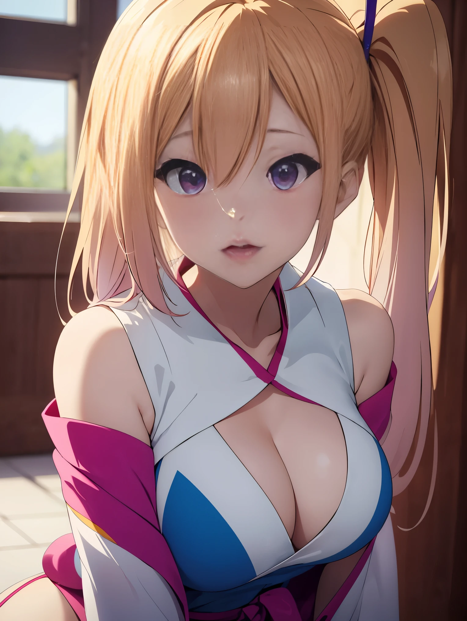 araffe with posing for a picture, anime girl cosplay, ahegao, cosplay, seductive anime girl, , anime cosplay, ahegao face, mayuri shiina, japanese goddess, oppai, sayori, cosplay photo, 4 k ], 1girl, kawakami_mai, blonde hair, long hair, side ponytail, purple eyes, 