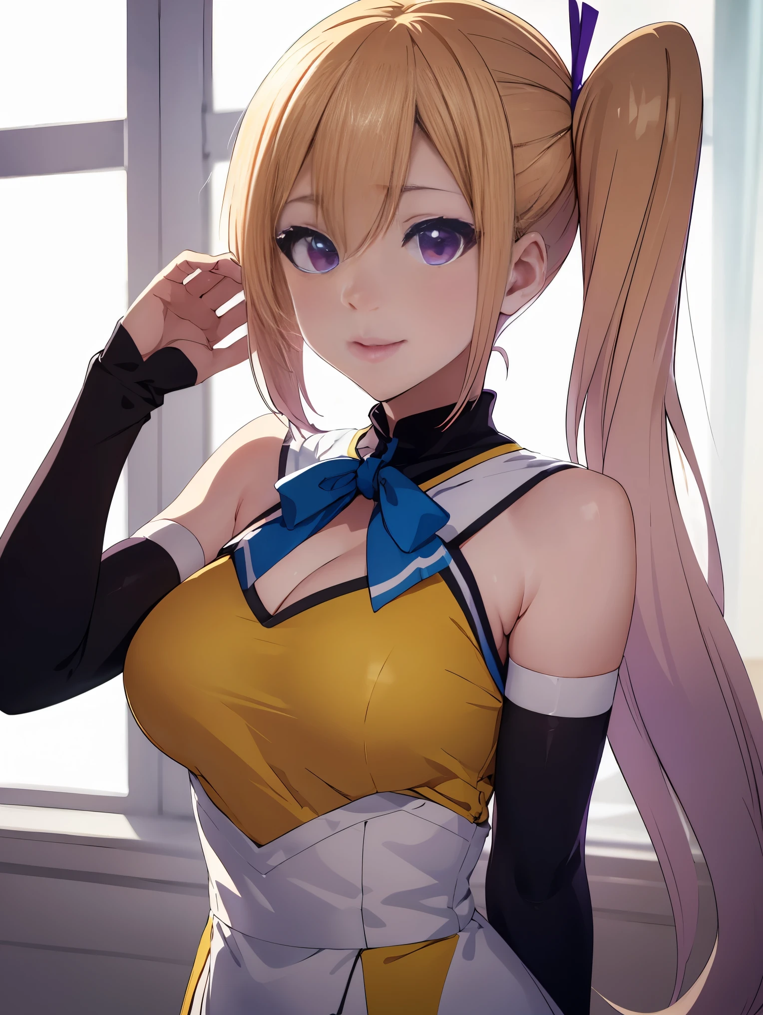 araffe with posing for a picture, anime girl cosplay, ahegao, cosplay, seductive anime girl, , anime cosplay, ahegao face, mayuri shiina, japanese goddess, oppai, sayori, cosplay photo, 4 k ], 1girl, kawakami_mai, blonde hair, long hair, side ponytail, purple eyes, 